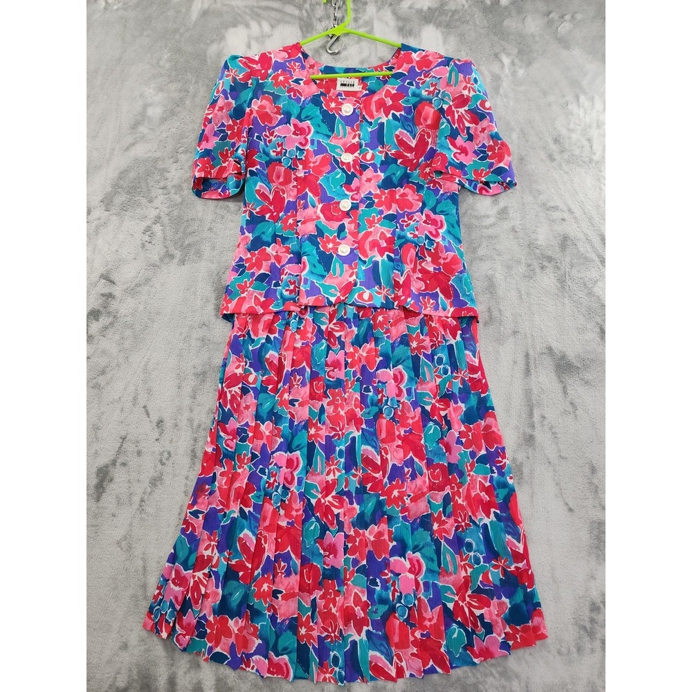 Vintage Leslie Fay Skirt Set Womens M Pink Blue Floral Puff Sleeve Top Pleated